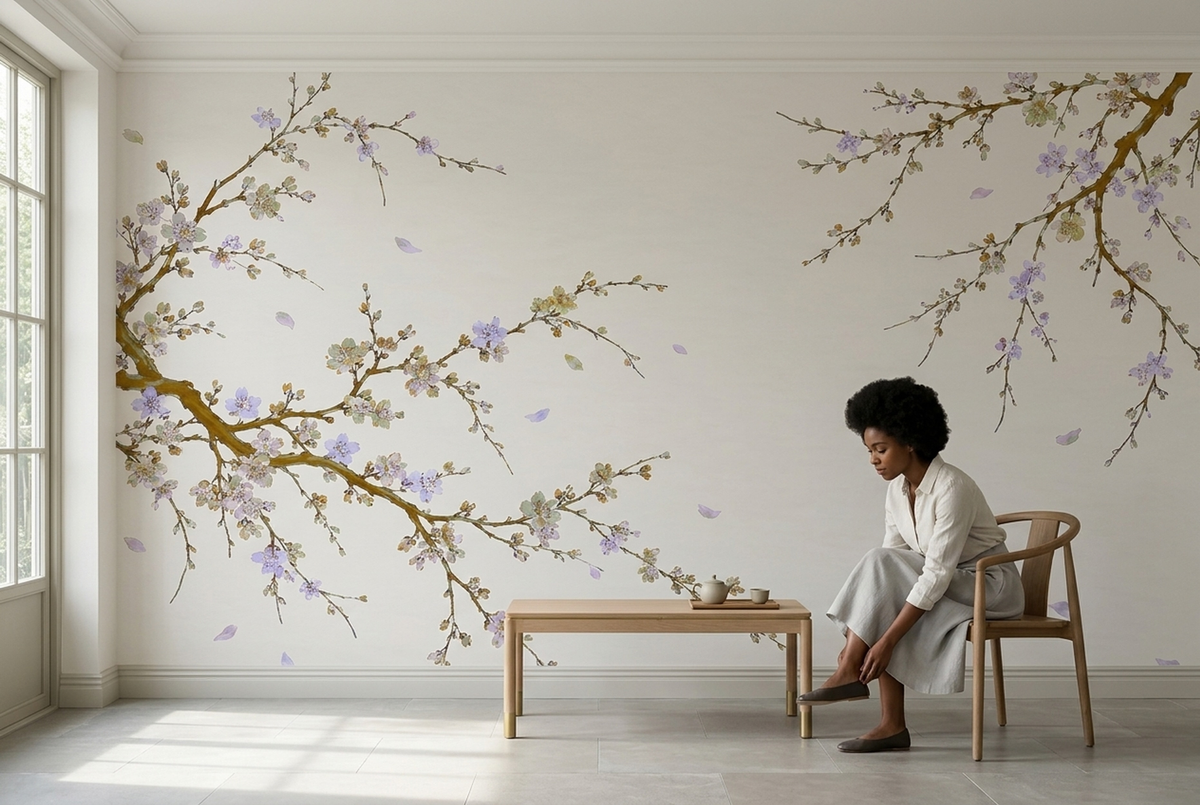 Delicate Blossom Branches Wallpaper Cream Background Wall Mural