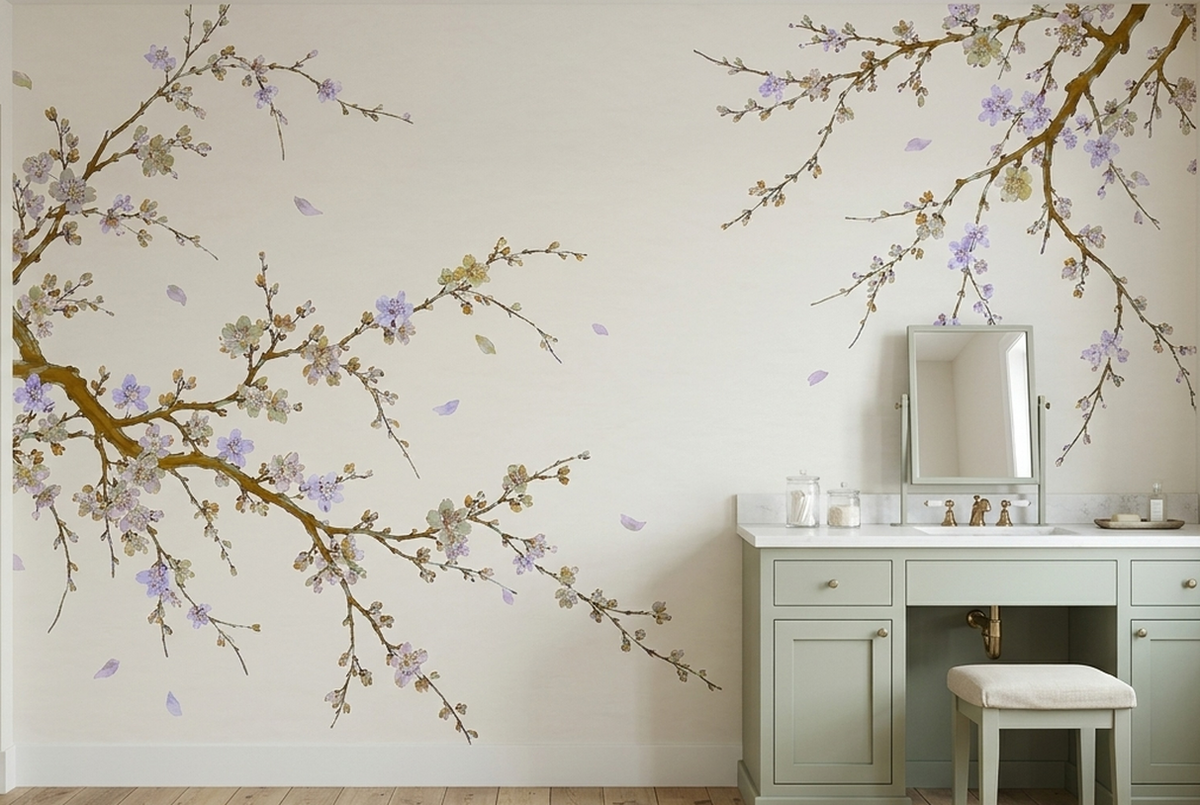 Delicate Blossom Branches Wallpaper Cream Background Wall Mural