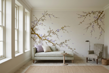 Delicate Blossom Branches Wallpaper Cream Background Wall Mural