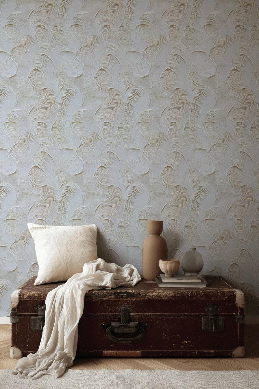 Artisan Faux Stucco Wallpaper, Off-White Fan Texture Peel & Stick Mural, Minimalist Vertical Panel