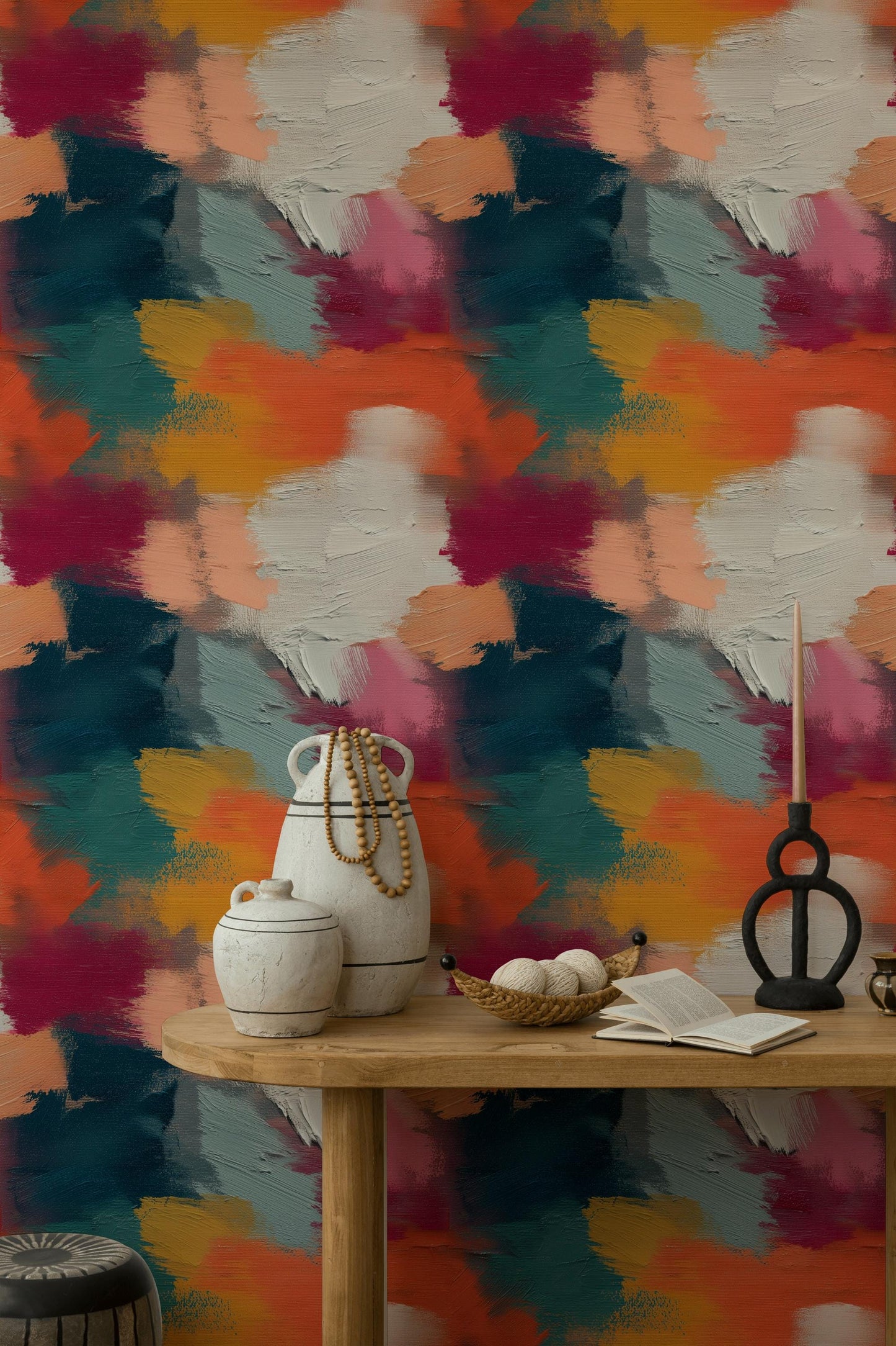 Abstract Bold Brushstroke Wallpaper | Textured Multi-Color Wall Mural | Modern Impasto Peel and Stick Decor