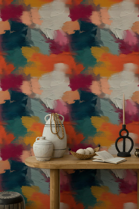 Abstract Bold Brushstroke Wallpaper | Textured Multi-Color Wall Mural | Modern Impasto Peel and Stick Decor