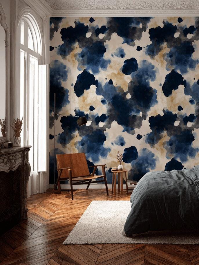 Abstract Cow Print Wallpaper Mural: Navy, Beige, Cream Peel and Stick