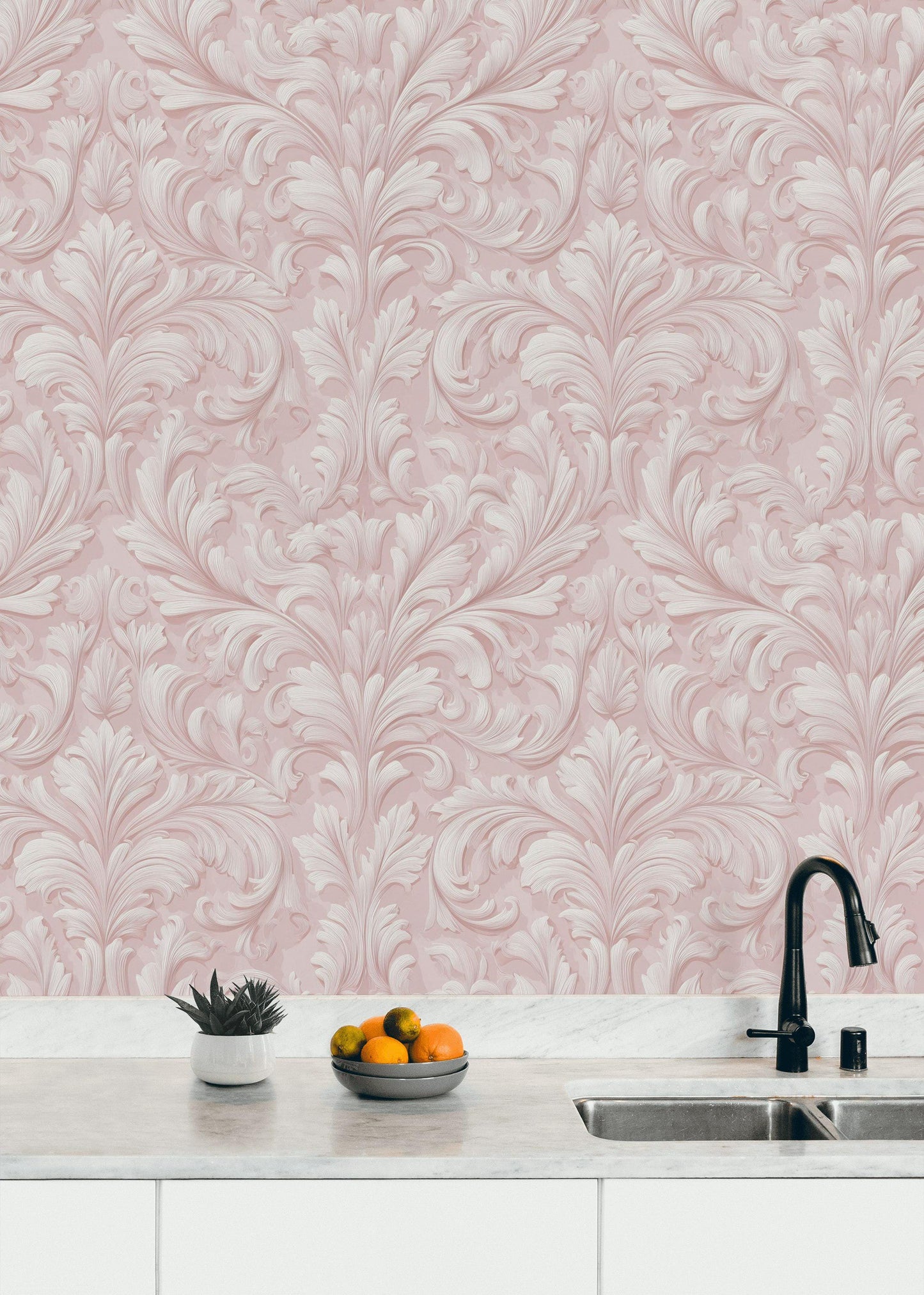 Embossed Damask Wallpaper, Pink Wall Mural, Classic Floral Scroll, Peel and Stick Decor