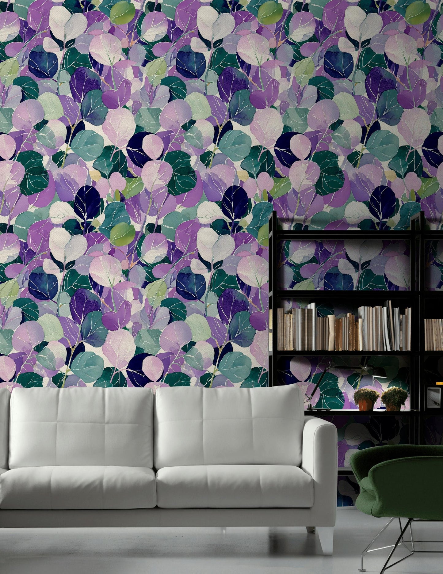 Watercolor Leaf Peel and Stick Wallpaper: Purple Green Botanical Wall Mural
