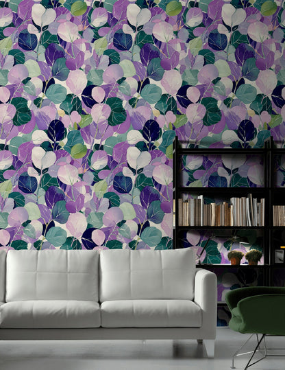Watercolor Leaf Peel and Stick Wallpaper: Purple Green Botanical Wall Mural