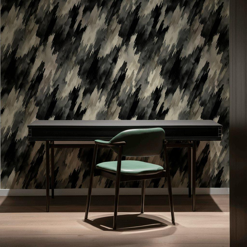 Abstract Diagonal Brushstroke Wallpaper, Black Gray Watercolor Peel & Stick or Unpasted Vertical Wall Mural