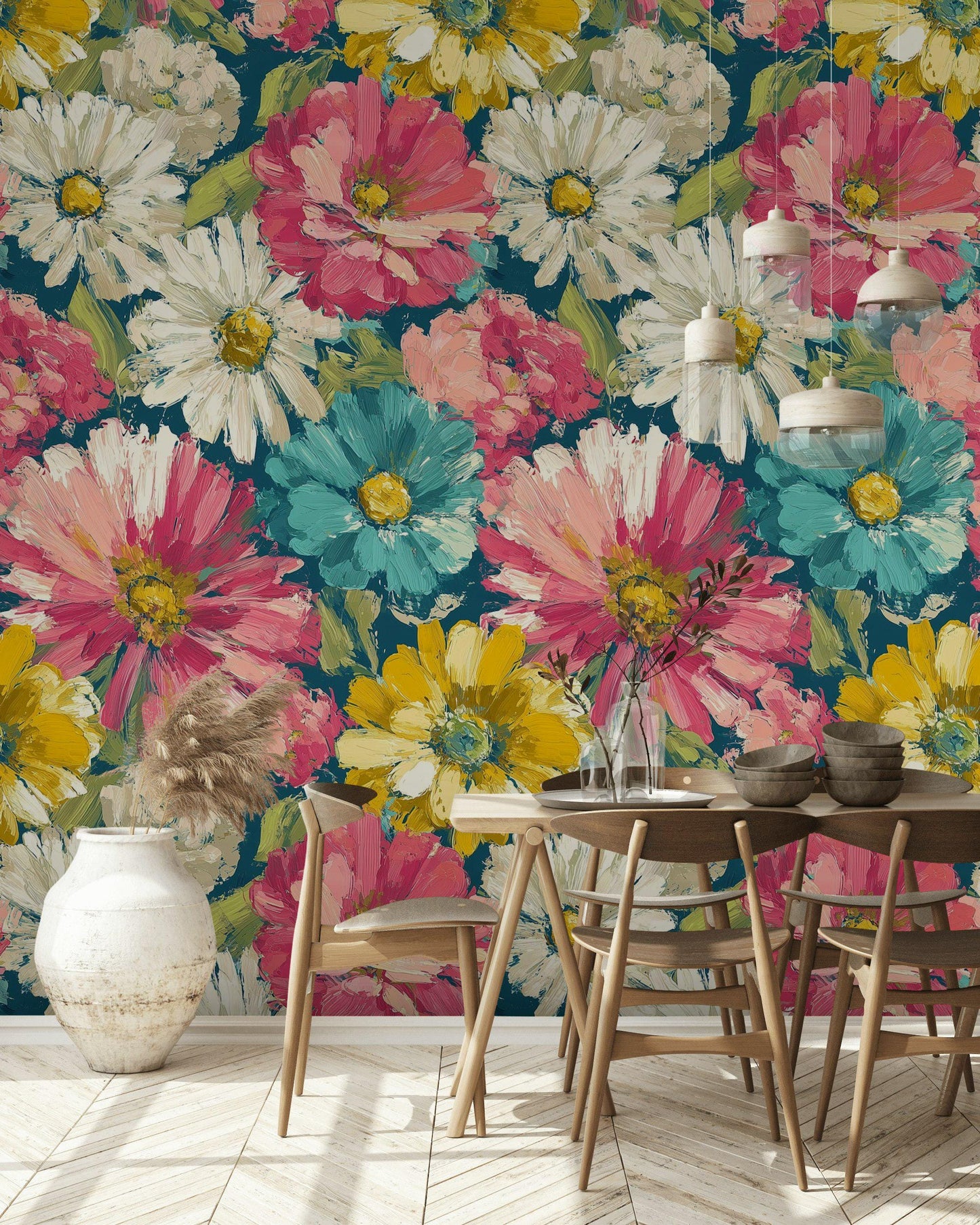 Teal & Pink Floral Wallpaper Mural: Impasto Texture, Peel and Stick