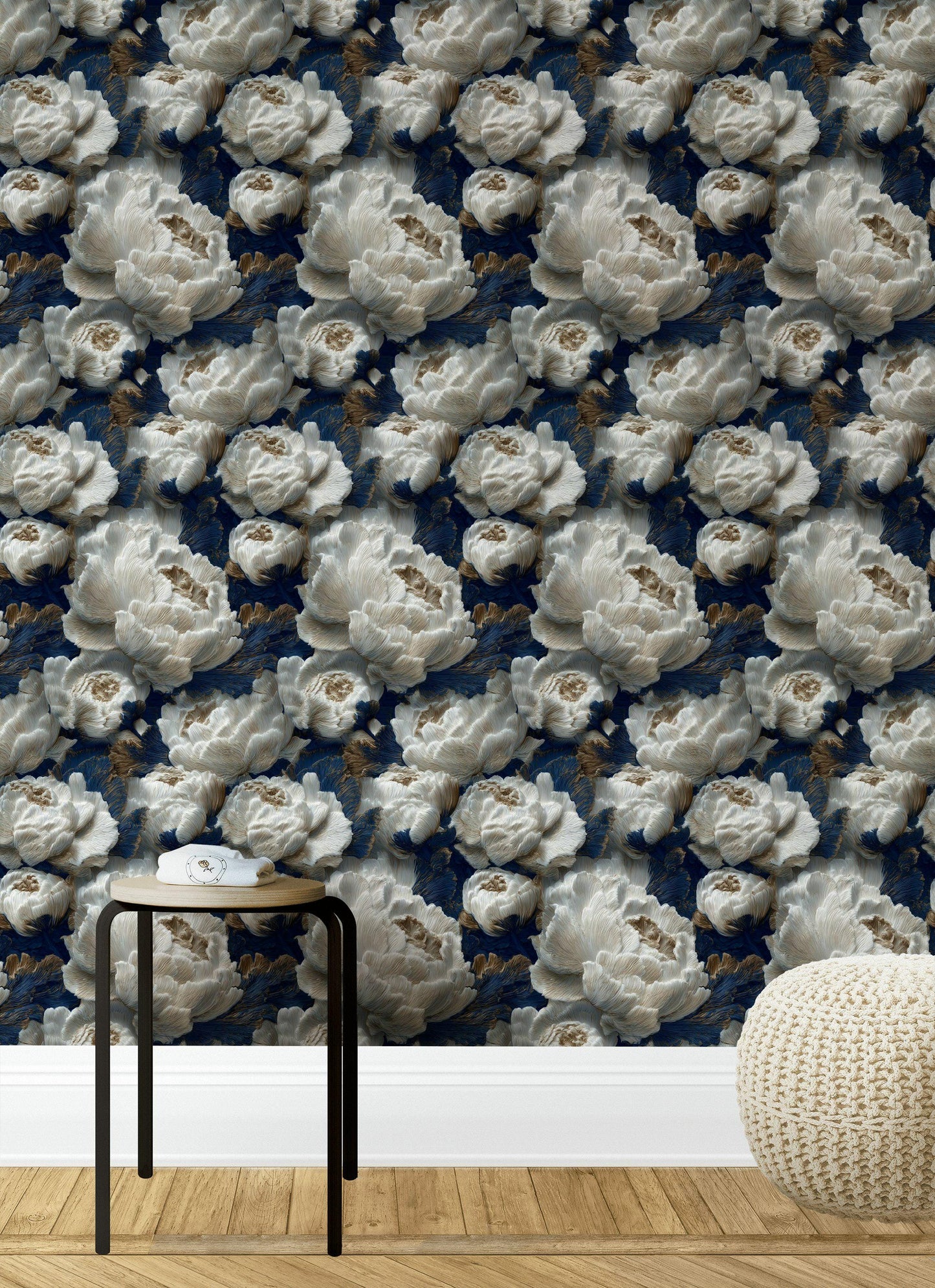 Textured Peony Flower Wallpaper: Navy Blue & Gold Glam Mural