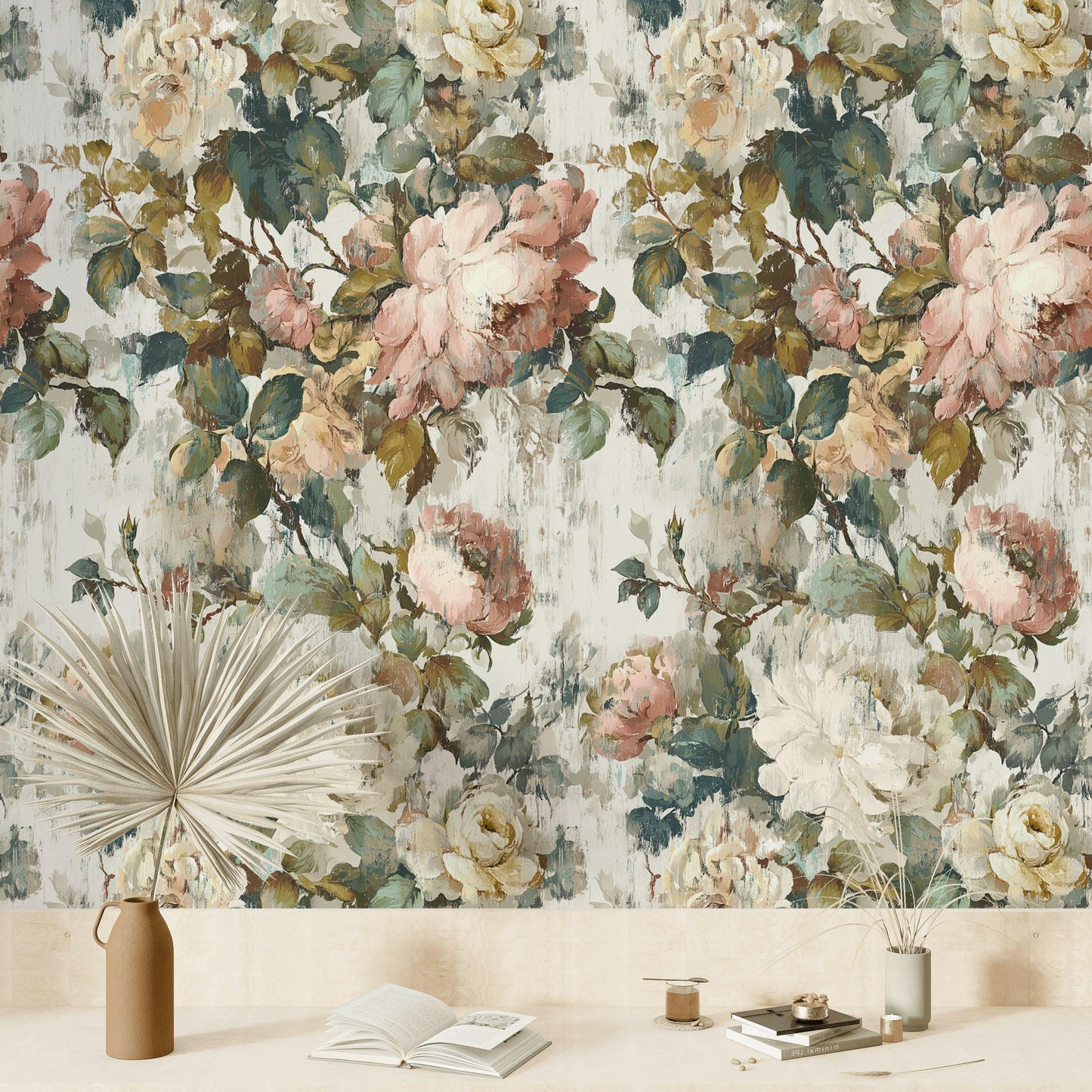 Vintage Floral Rose Wallpaper: Shabby Chic Peel and Stick Wall Mural