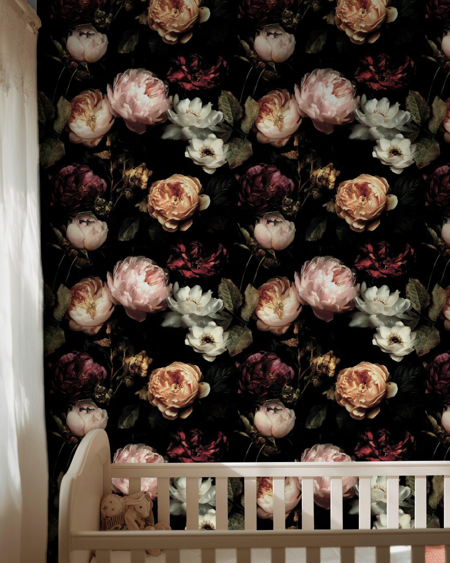 Dark Floral Wallpaper, Gothic Peony Rose Vertical Mural, Black Background Peel & Stick or Unpasted Panel