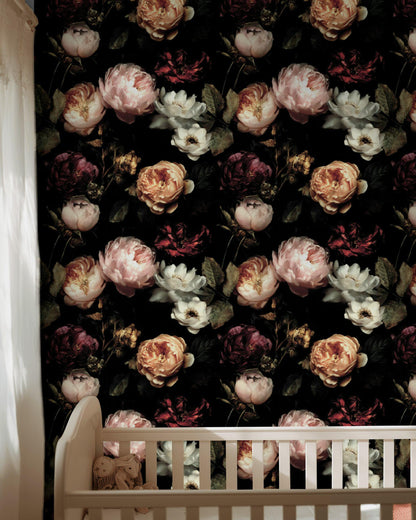 Dark Floral Wallpaper, Gothic Peony Rose Mural, Peel & Stick or Unpasted