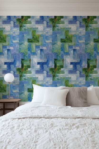 Monet Style Impressionist Mural, Textured Blue Green Block Wallpaper, Vertical Peel & Stick Art Panel