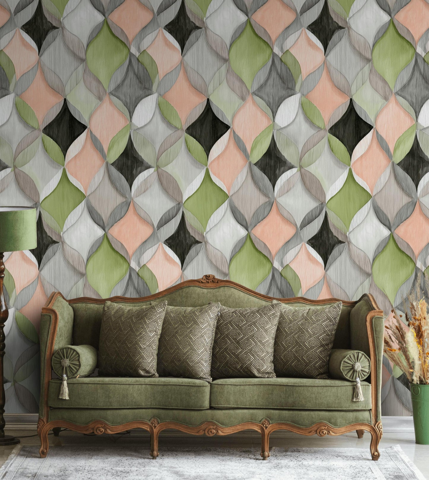 Abstract Geometric Ogee Wallpaper | Modern Interlocking Pattern Wall Mural | Pastel Peel and Stick Decor