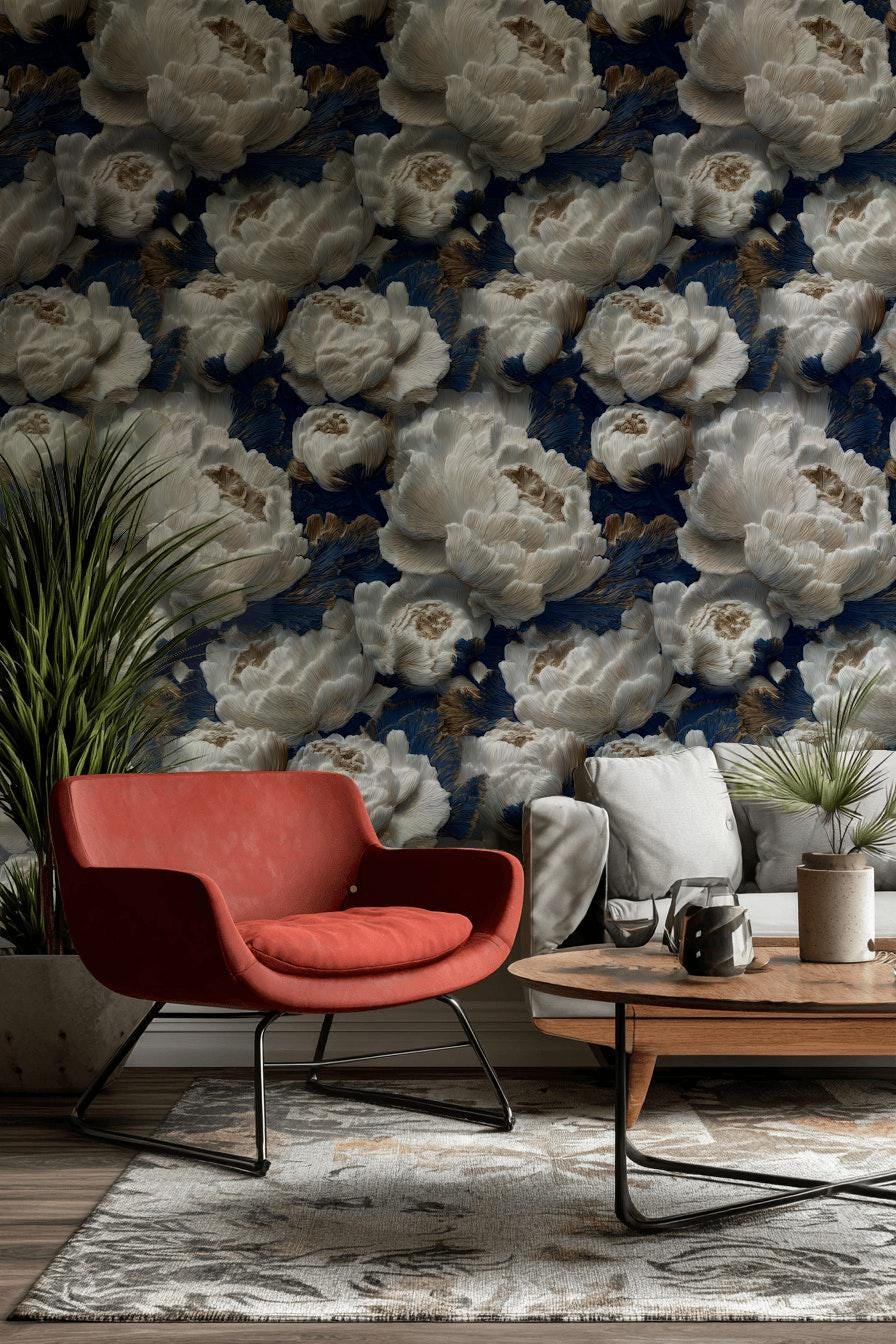 Textured Peony Flower Wallpaper: Navy Blue & Gold Glam Mural