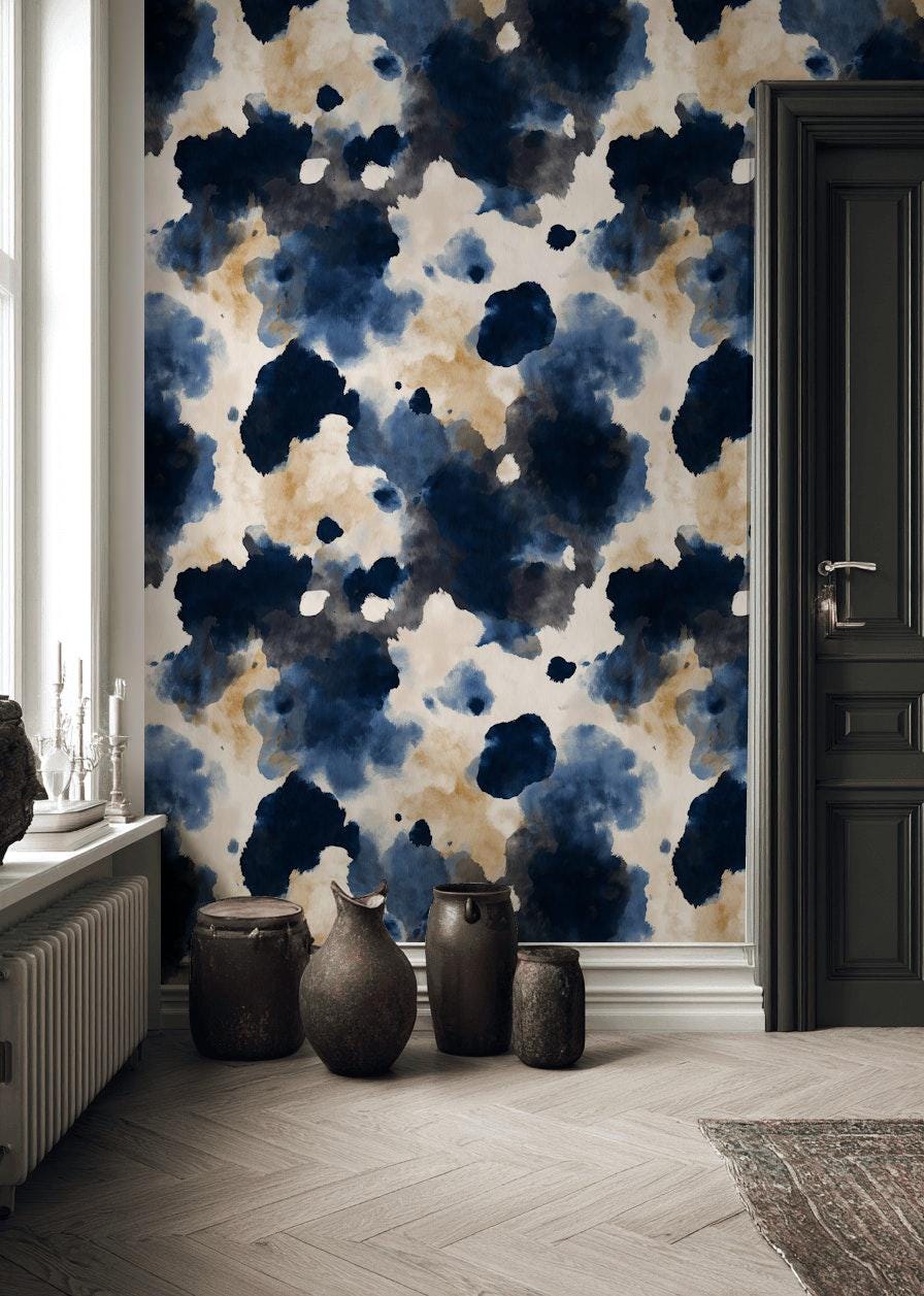 Abstract Cow Print Wallpaper Mural: Navy, Beige, Cream Peel and Stick