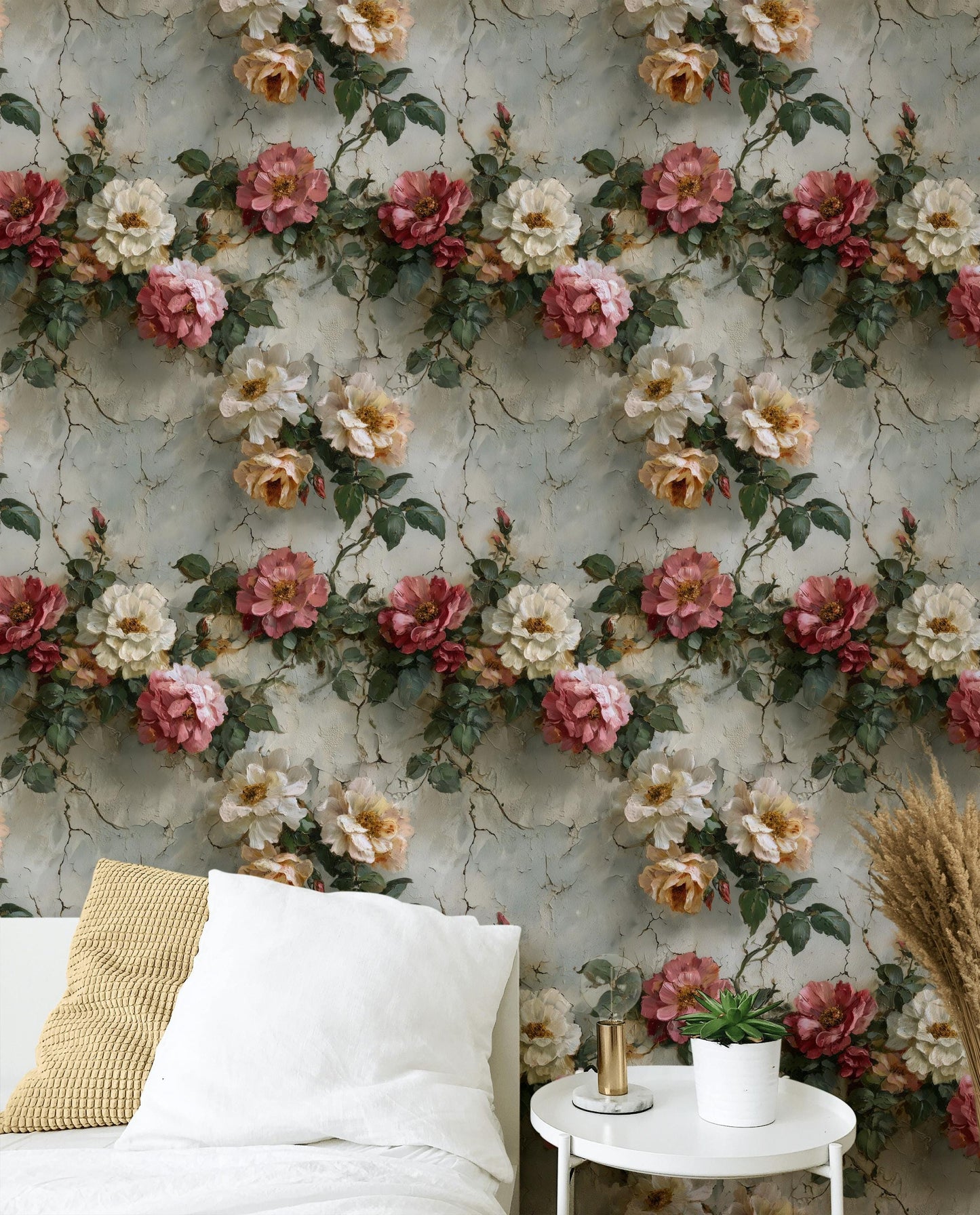 Rose Mural Wallpaper: Shabby Chic Crackle Effect (Peel & Stick)