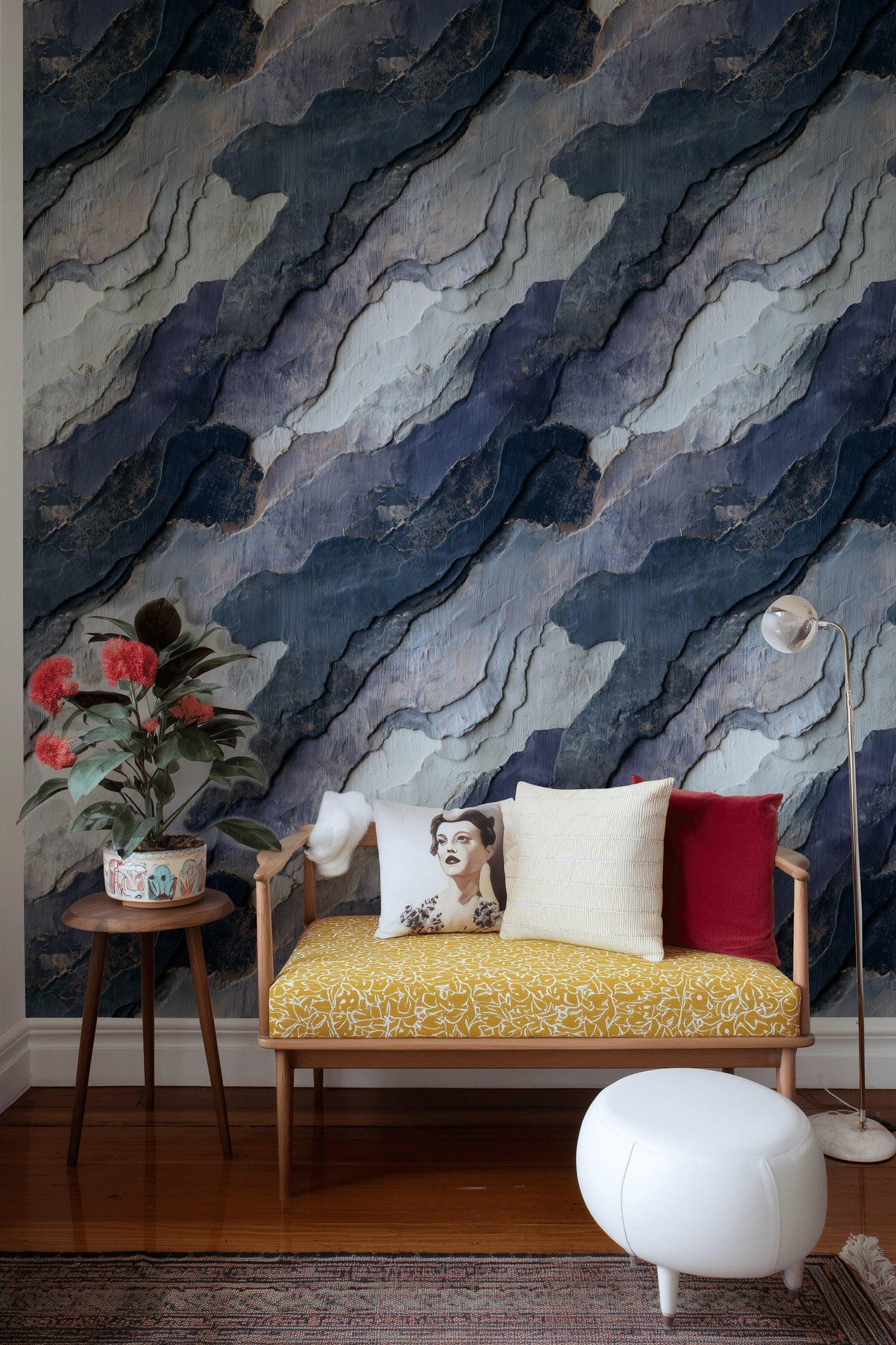 Navy Blue Stone Texture Wallpaper: Layered Abstract Peel and Stick Wall Mural