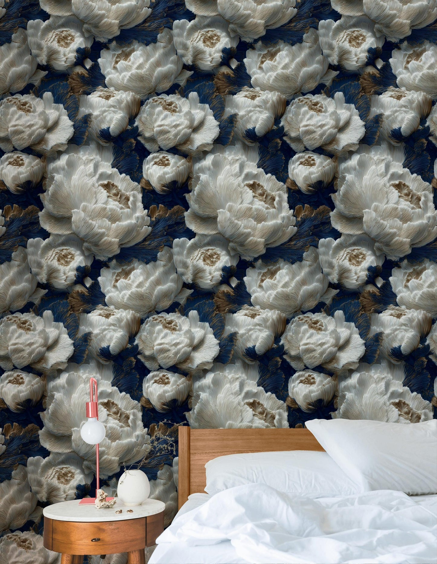 Textured Peony Flower Wallpaper: Navy Blue & Gold Glam Mural