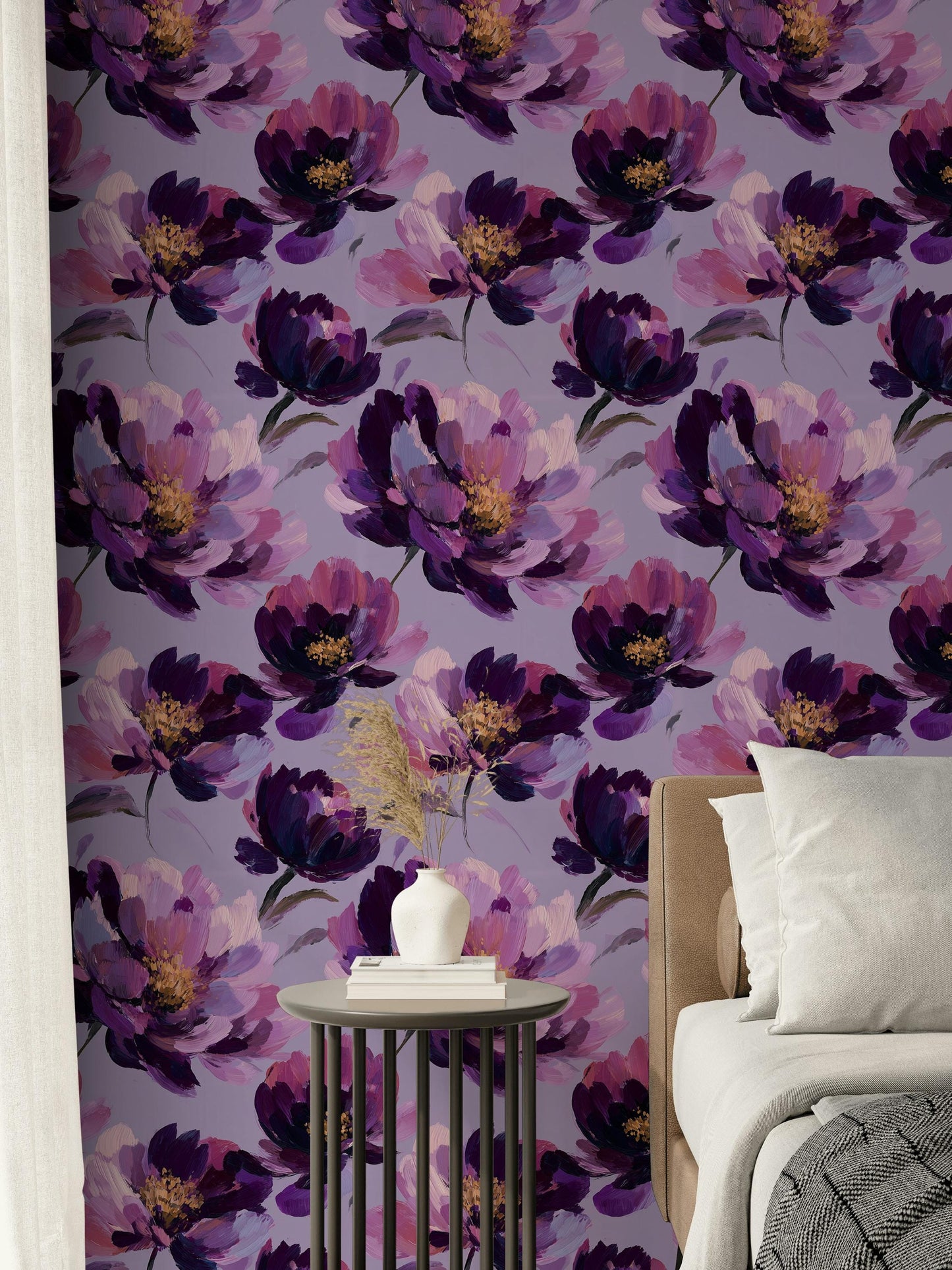 Purple Floral Wallpaper, Abstract Oil Paint Wall Mural, Bold Magenta Peel and Stick Decor