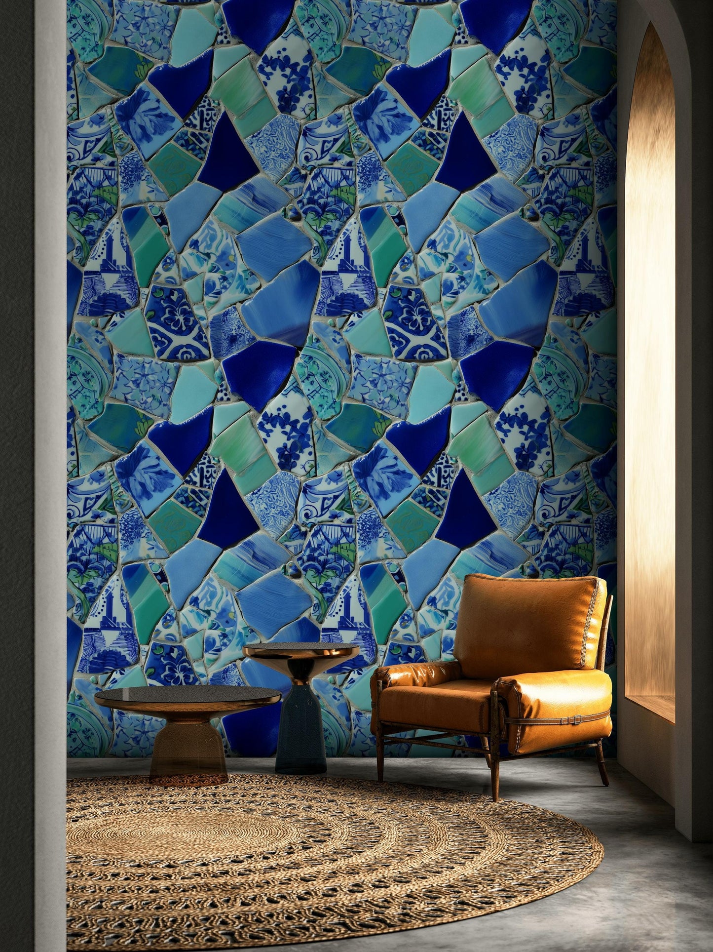 Blue Broken Ceramic Mosaic Wallpaper, Chinoiserie Porcelain Peel & Stick or Unpasted Vertical Wall Mural