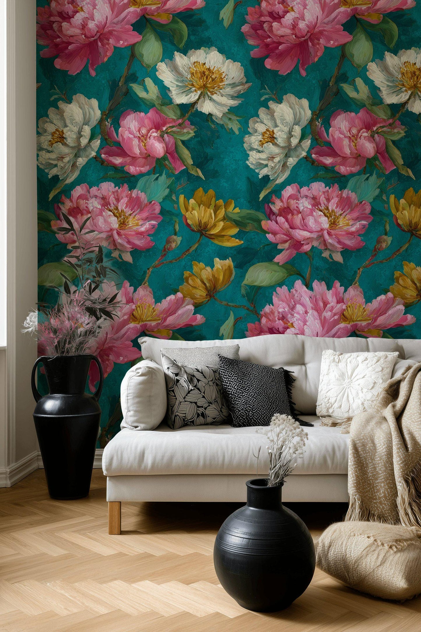 Impasto Peony Wallpaper Mural: Turquoise & Pink Floral Peel and Stick Art