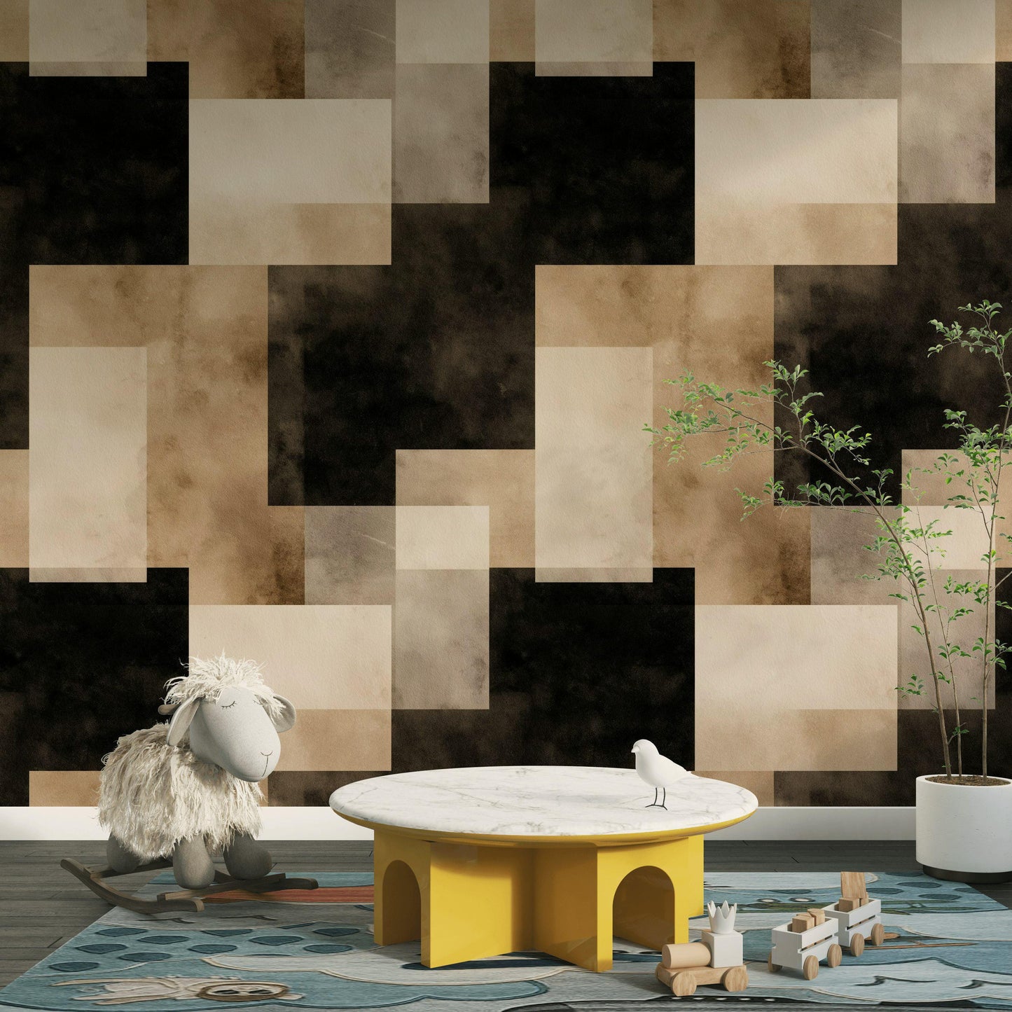 Abstract Geometric Squares Wallpaper | Modern Minimalist Wall Mural | Neutral Peel and Stick Decor
