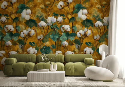 Rustic Cotton Plant Wallpaper | Farmhouse Botanical Wall Mural | Yellow Peel and Stick Decor