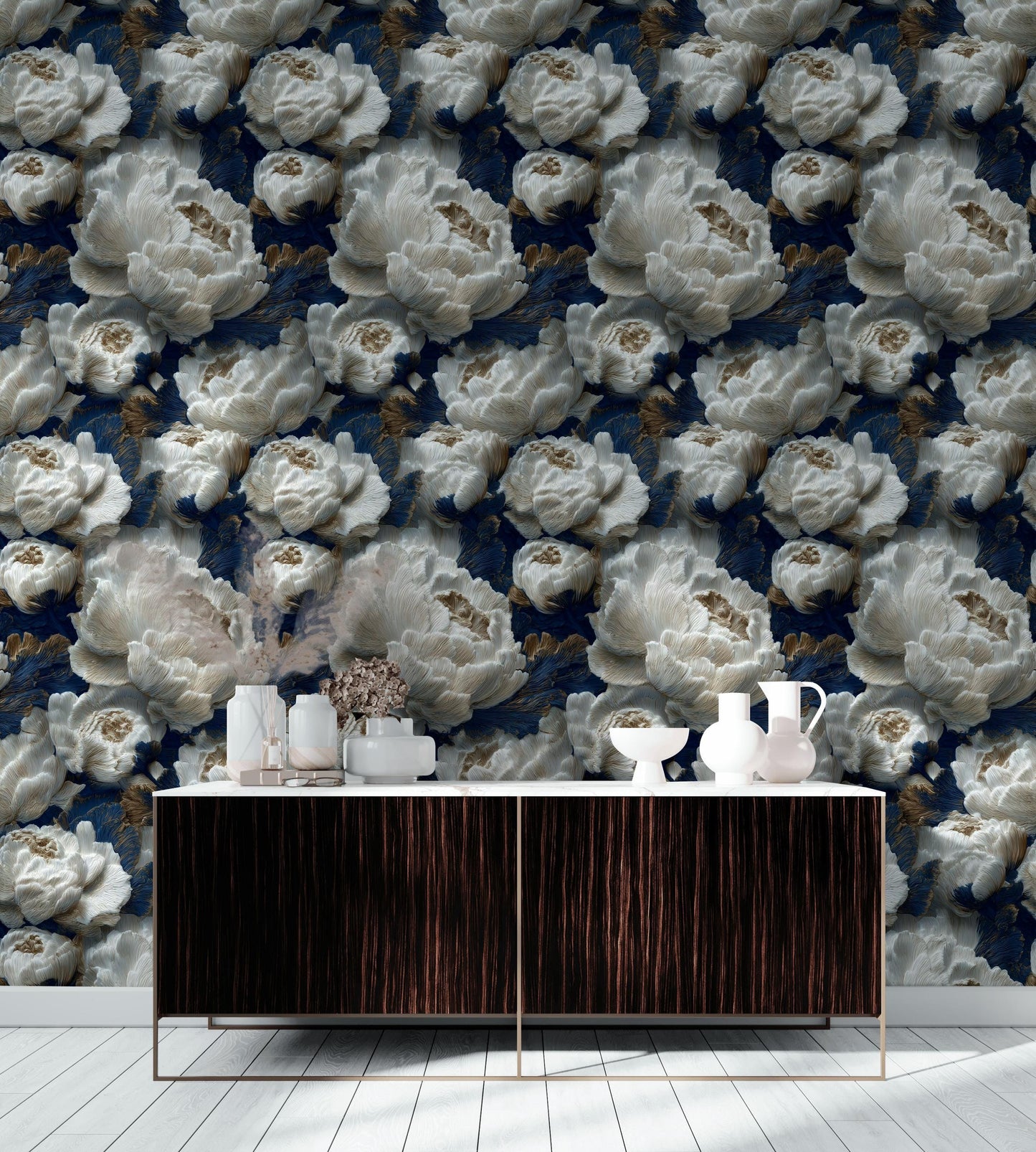 Textured Peony Flower Wallpaper: Navy Blue & Gold Glam Mural