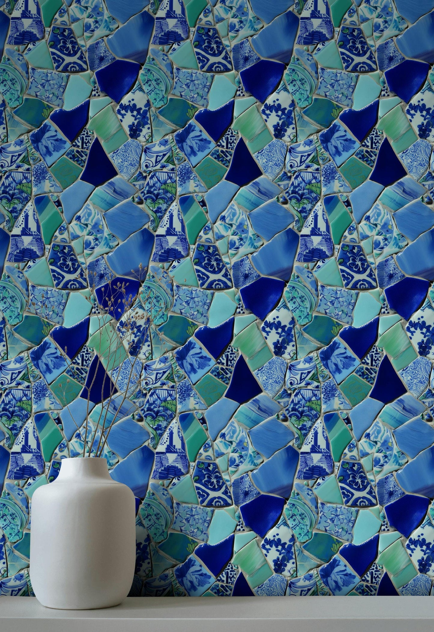 Blue Broken Ceramic Mosaic Wallpaper, Chinoiserie Porcelain Peel & Stick or Unpasted Vertical Wall Mural