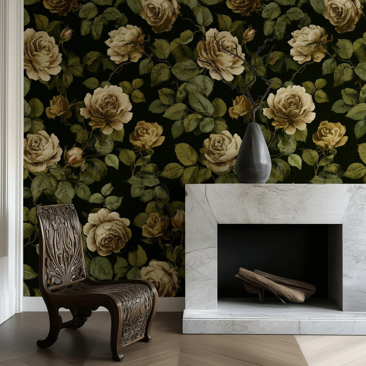 Dark Floral Wallpaper Mural: Vintage Roses, Peel and Stick