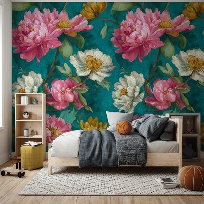 Impasto Peony Wallpaper Mural: Turquoise & Pink Floral Peel and Stick Art