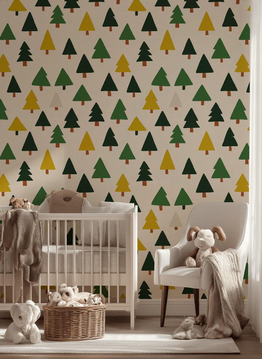 Scandi Pine Tree Wallpaper: Neutral Nursery Peel and Stick Mural