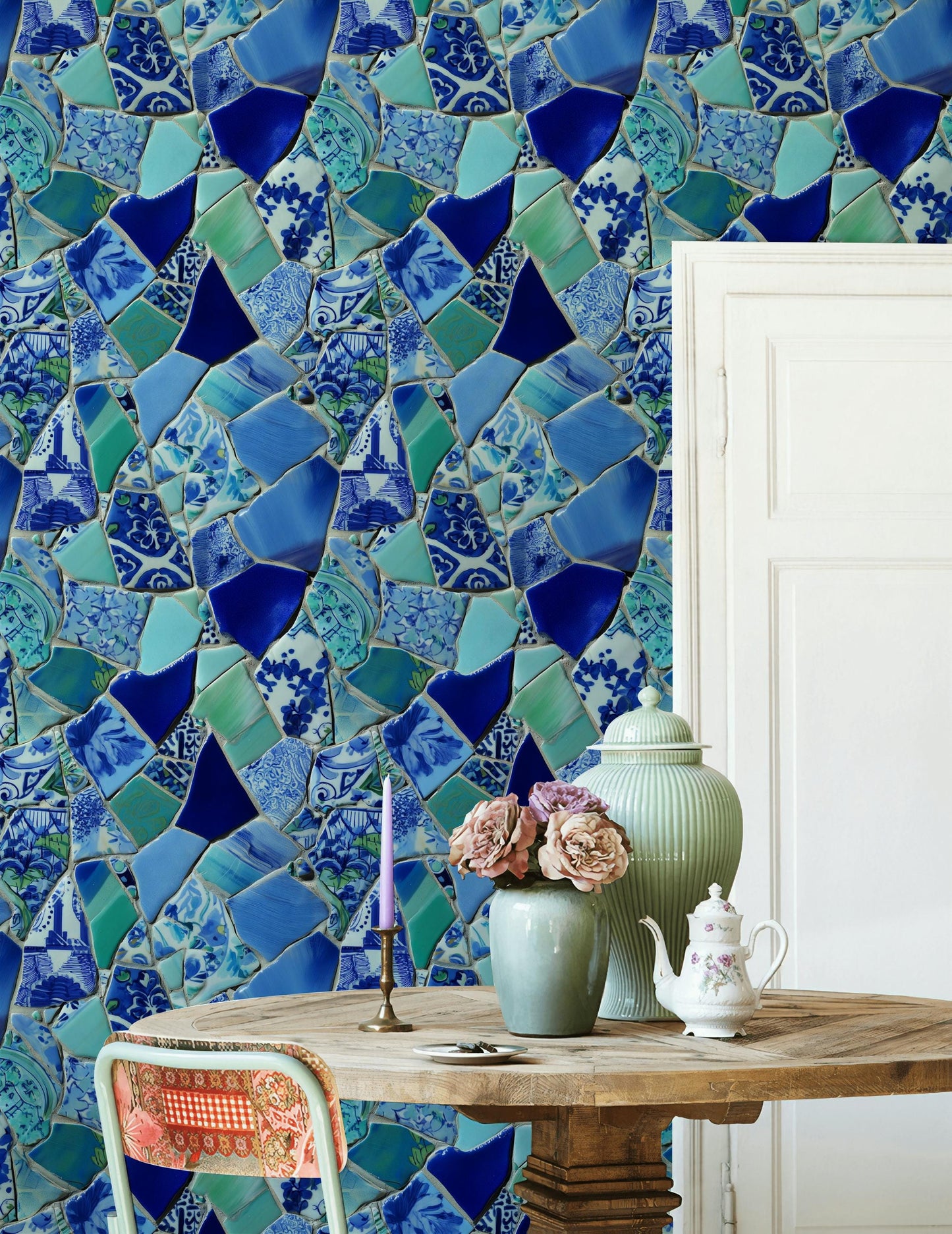 Blue Broken Ceramic Mosaic Wallpaper, Chinoiserie Porcelain Peel & Stick or Unpasted Vertical Wall Mural