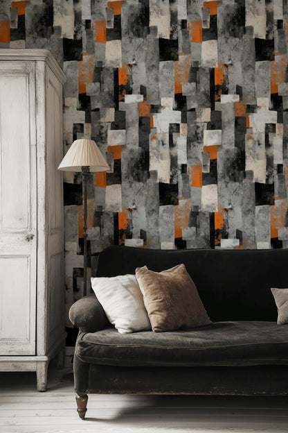 Geometric Block Wallpaper Mural: Orange, Grey, Black Peel and Stick Art