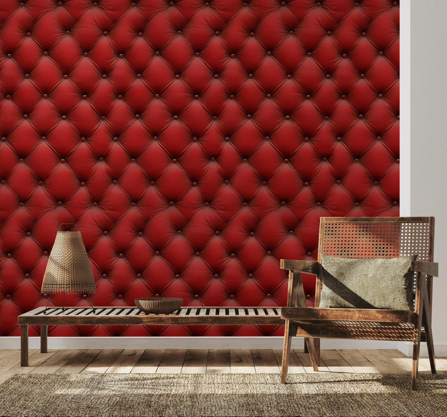 Red Tufted Texture Wallpaper, Chesterfield 3D Effect Vertical Panel, Peel & Stick or Unpasted Mural