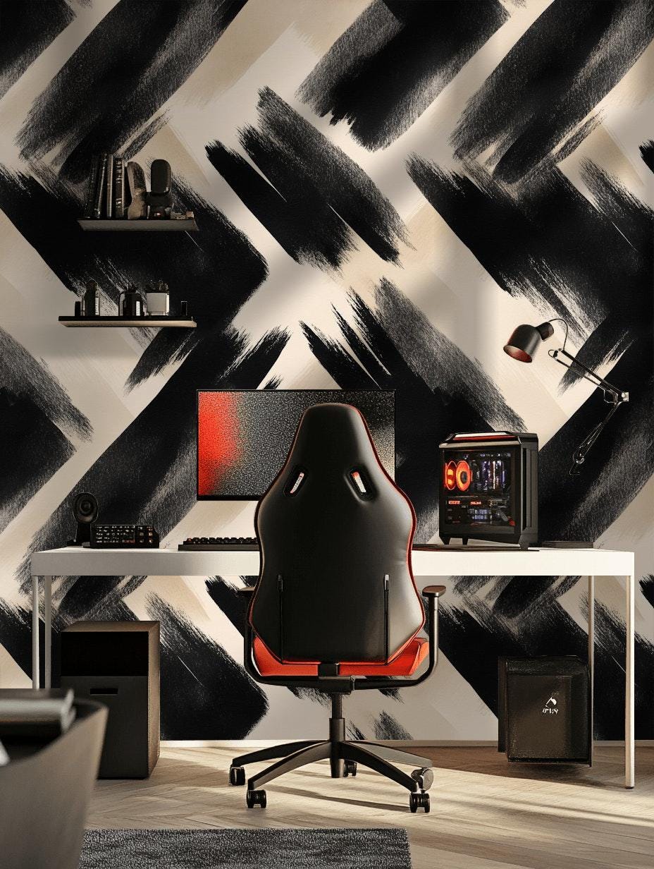 Abstract Brush Stroke Wallpaper | Modern Black White Wall Mural | Artistic Peel and Stick Decor