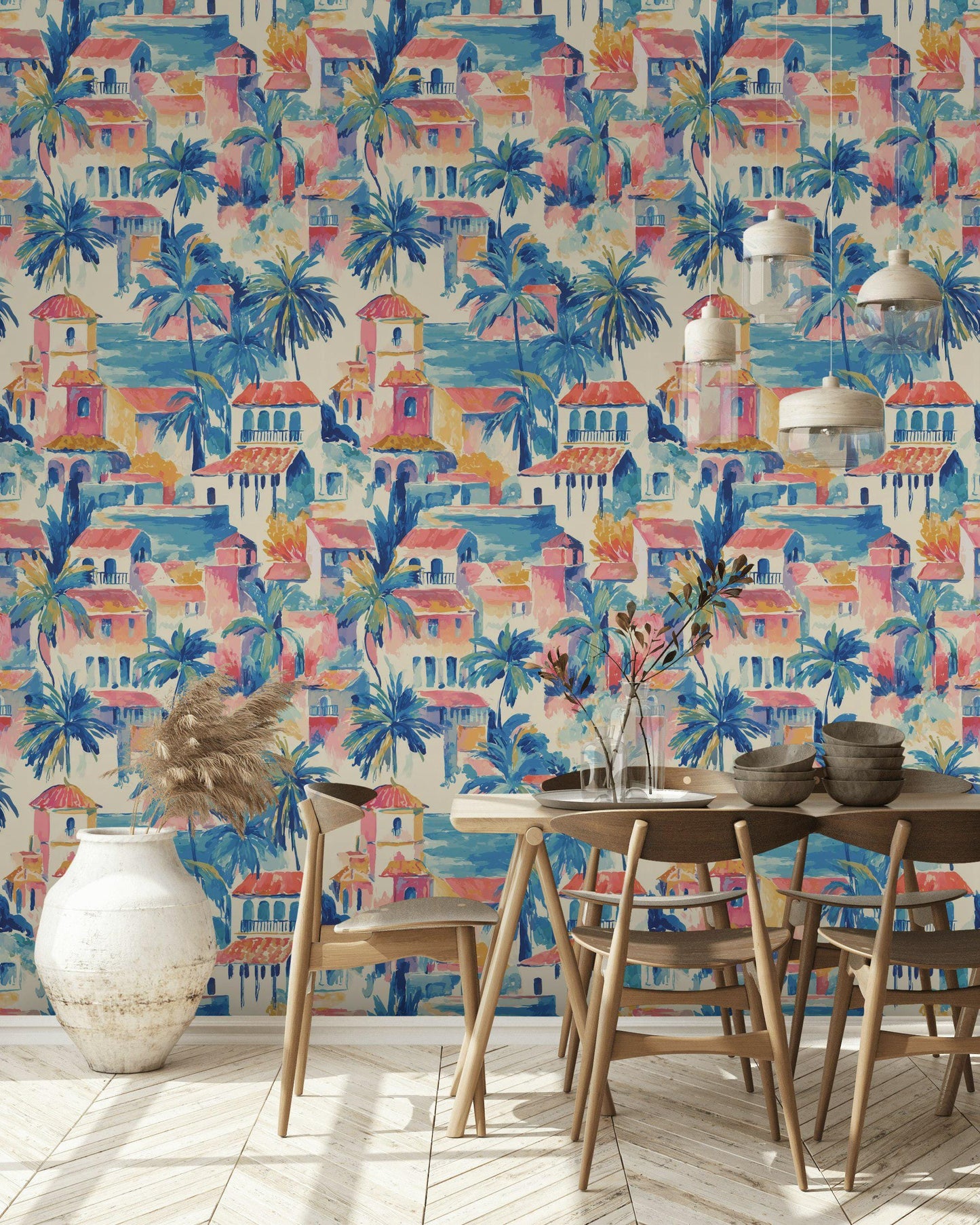 Watercolor Mediterranean Village Peel and Stick Wallpaper | Coastal Town Wall Mural Removable Seaside Decor