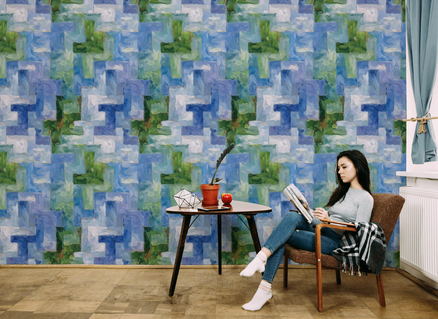 Monet Style Impressionist Mural, Textured Blue Green Block Wallpaper, Vertical Peel & Stick Art Panel