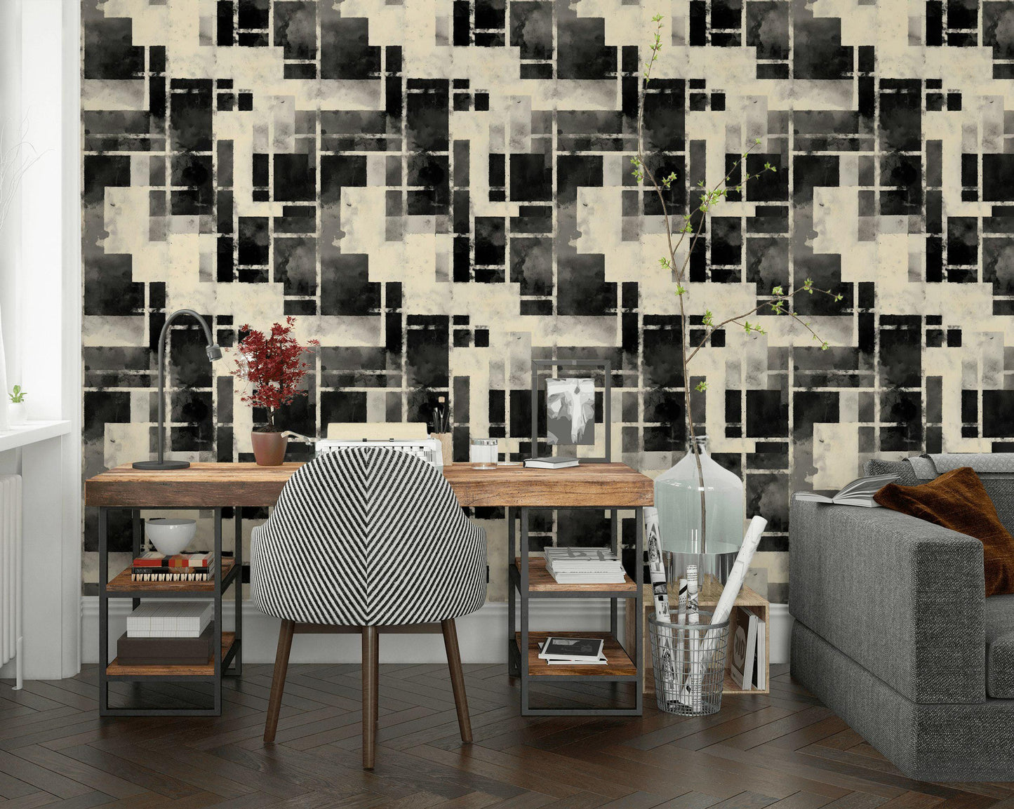 Monochrome Bauhaus Wallpaper: Abstract Watercolor Grid, Peel & Stick Mural
