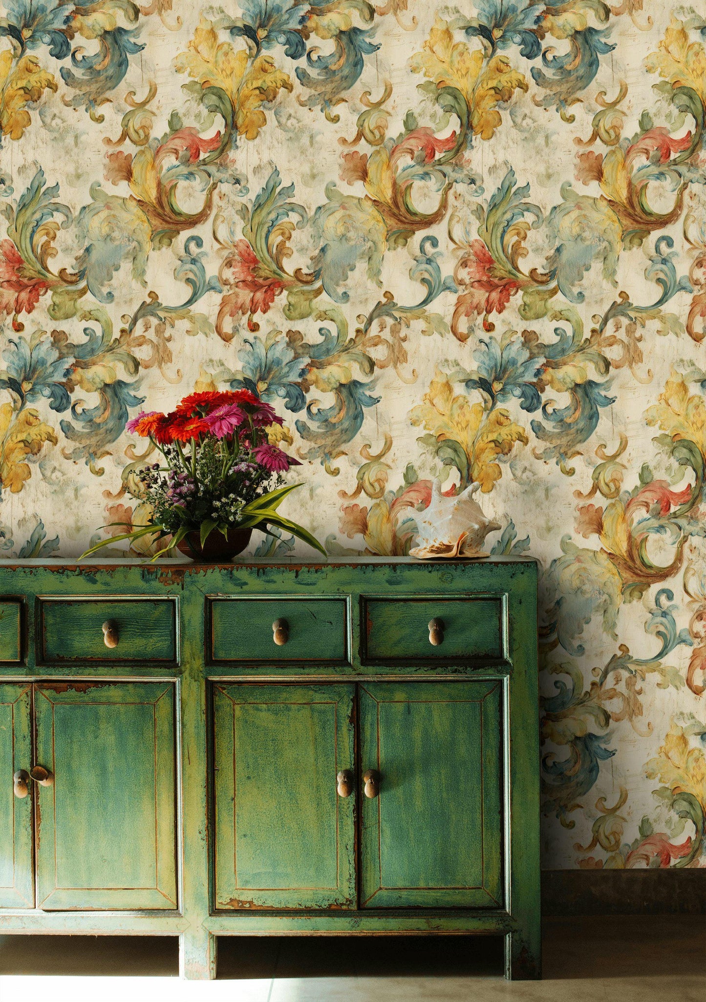 Baroque Scroll Wallpaper, Distressed Pastel Floral Mural, Peel & Stick or Unpasted Vintage Panel