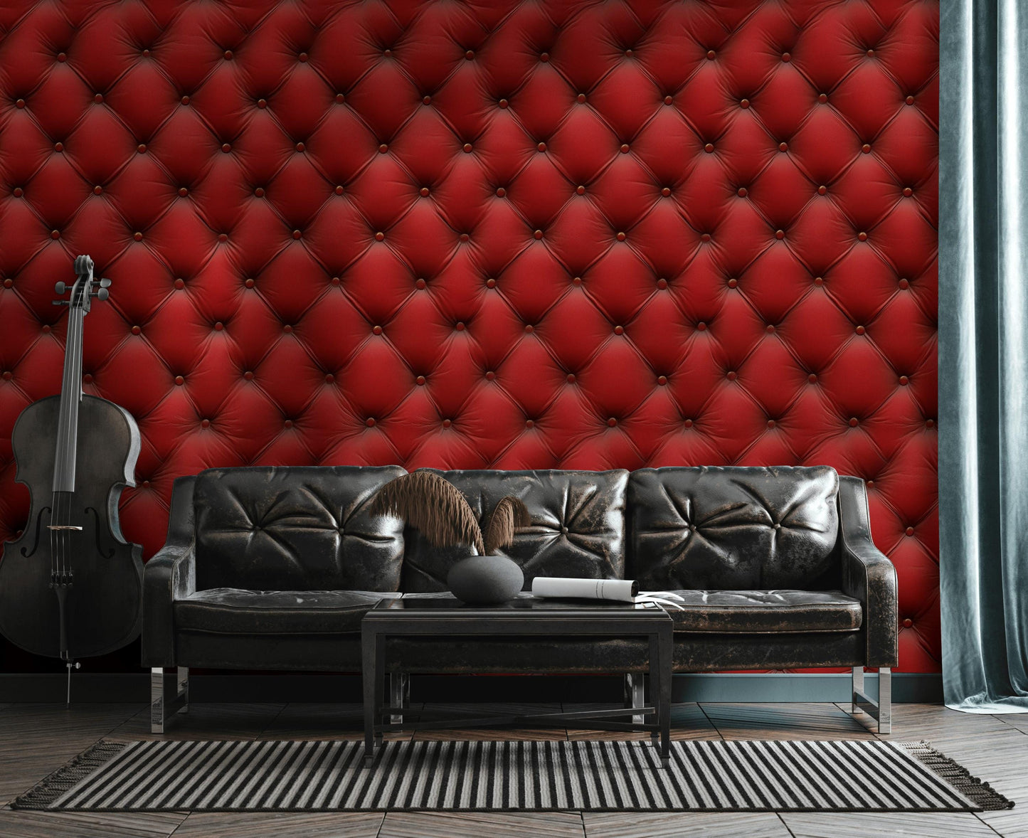 Red Tufted Texture Wallpaper, Chesterfield 3D Effect Vertical Panel, Peel & Stick or Unpasted Mural