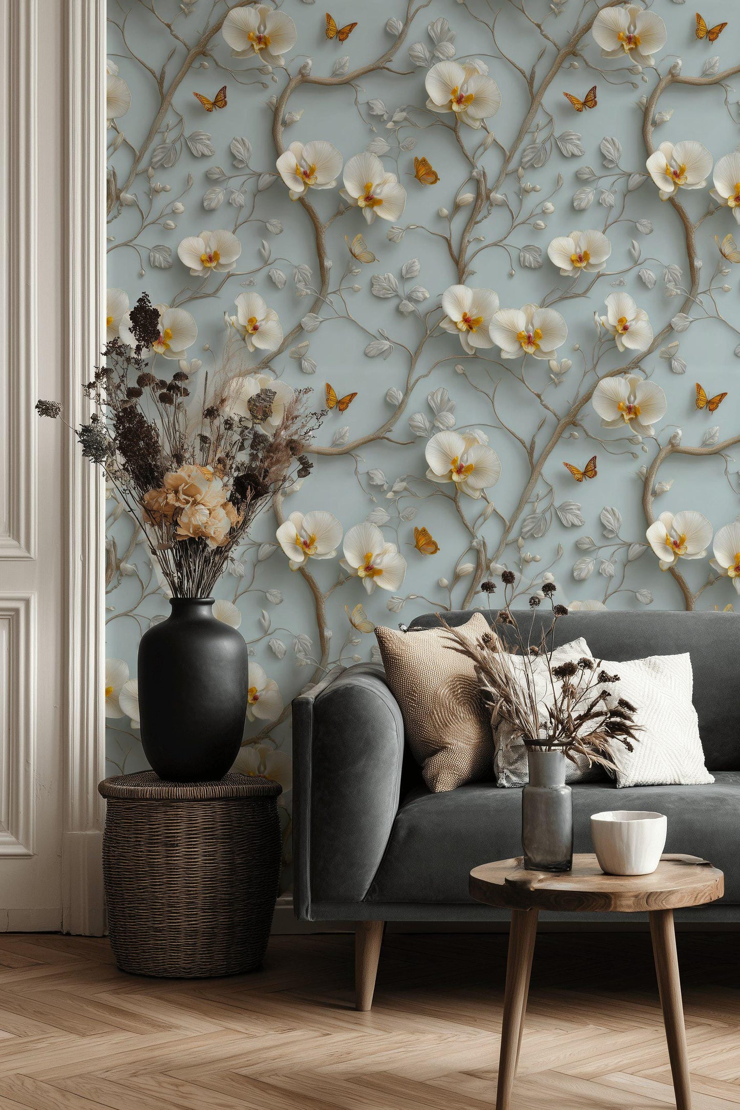 3D Orchid Wallpaper: Blue & White Butterfly Wall Mural - Peel and Stick