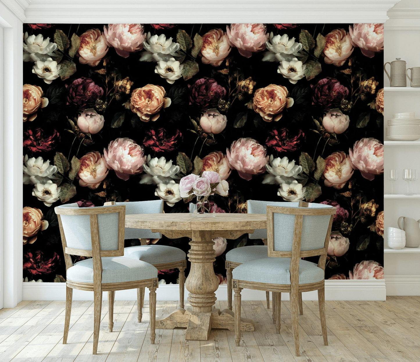 Dark Floral Wallpaper, Gothic Peony Rose Vertical Mural, Black Background Peel & Stick or Unpasted Panel