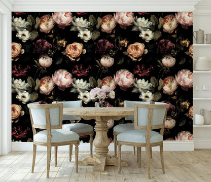 Dark Floral Wallpaper, Gothic Peony Rose Mural, Peel & Stick or Unpasted