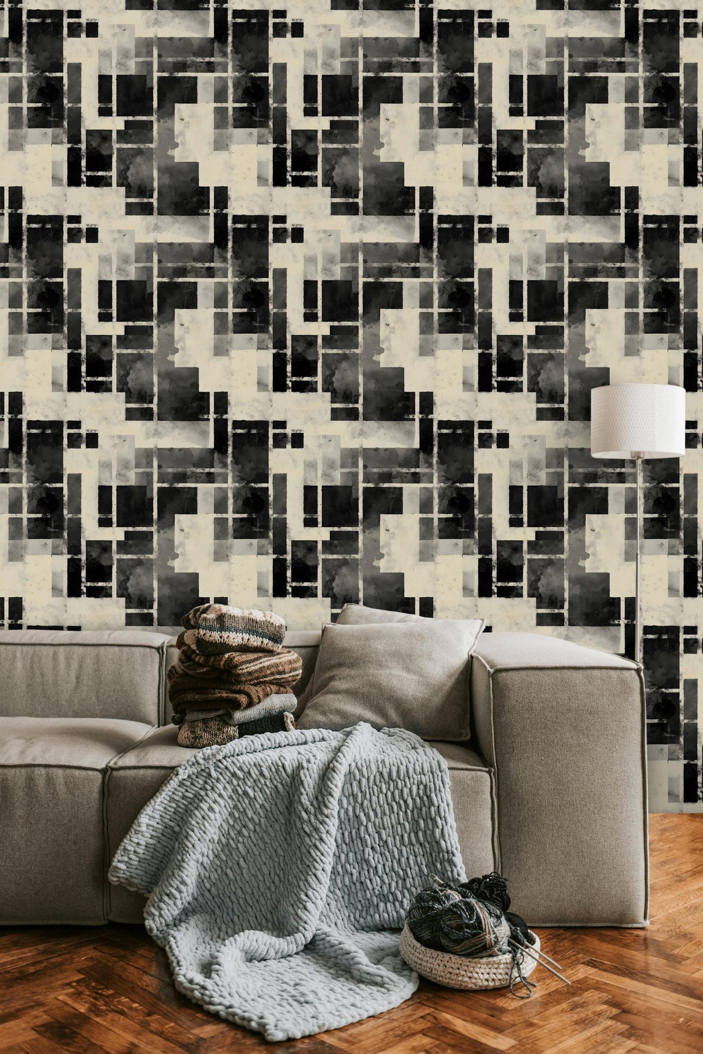 Monochrome Bauhaus Wallpaper: Abstract Watercolor Grid, Peel & Stick Mural