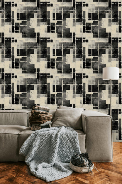 Monochrome Bauhaus Wallpaper: Abstract Watercolor Grid, Peel & Stick Mural