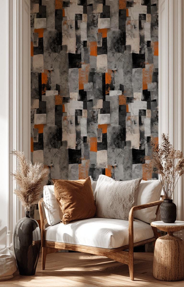 Geometric Block Wallpaper Mural: Orange, Grey, Black Peel and Stick Art