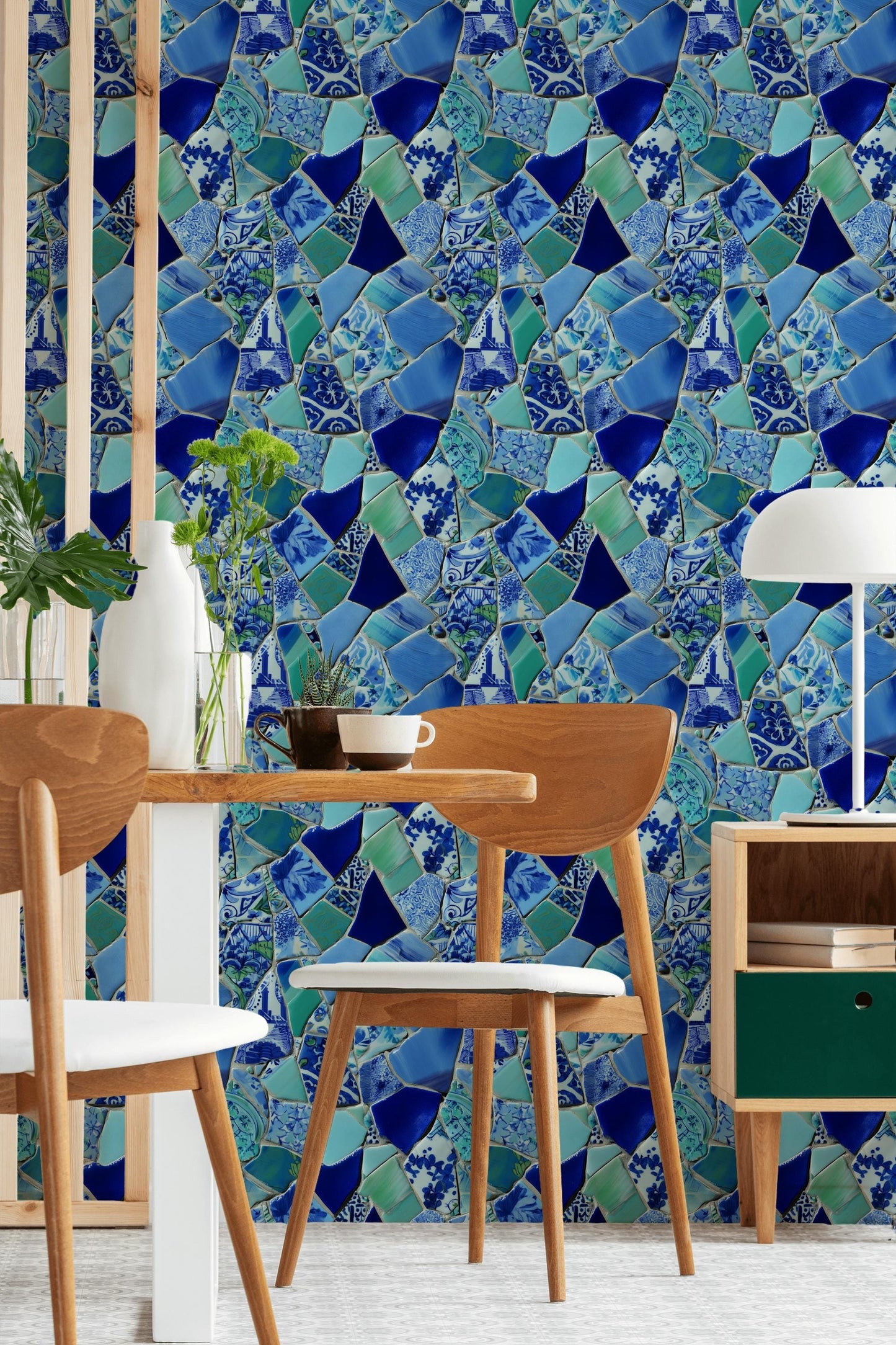Blue Broken Ceramic Mosaic Wallpaper, Chinoiserie Porcelain Peel & Stick or Unpasted Vertical Wall Mural