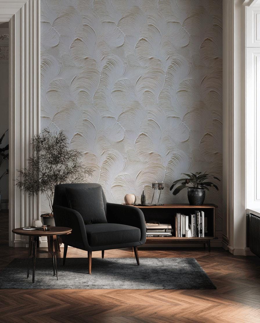 Artisan Faux Stucco Wallpaper, Off-White Fan Texture Peel & Stick Mural, Minimalist Vertical Panel
